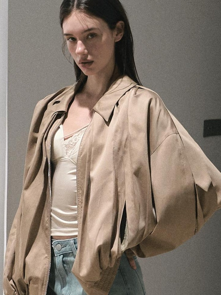 7 OAKMOO Cooling Tencel Loose Fit Casual Stand Collar Zip Women Palm Khaki Short Coat