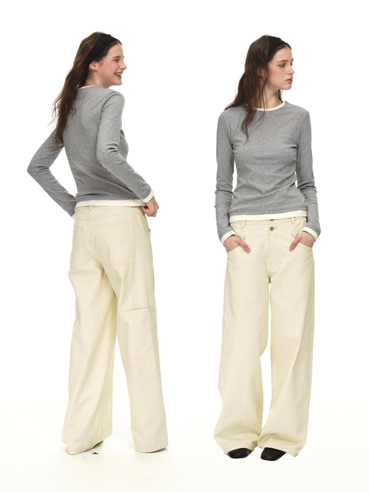 Country Moment Stretch Cotton Layered Slim Fit Casual Women Crewneck Gray Long Sleeve T-Shirts