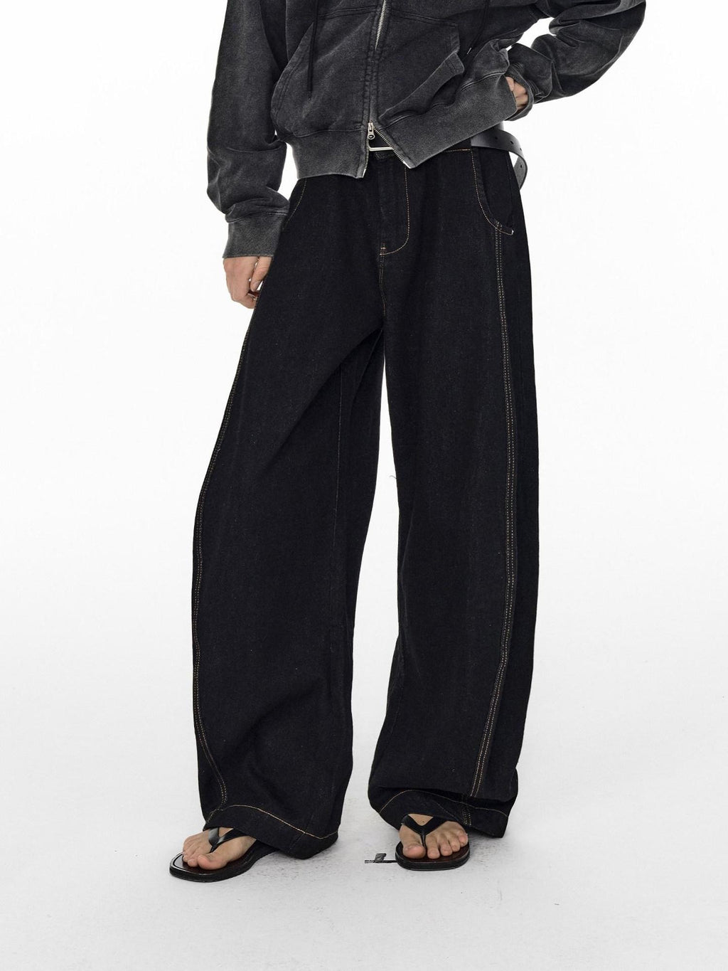 Country Moment Mid Rise Contrast Stitching Loose Fit Unisex Cotton Blend Black Wide Leg Jeans