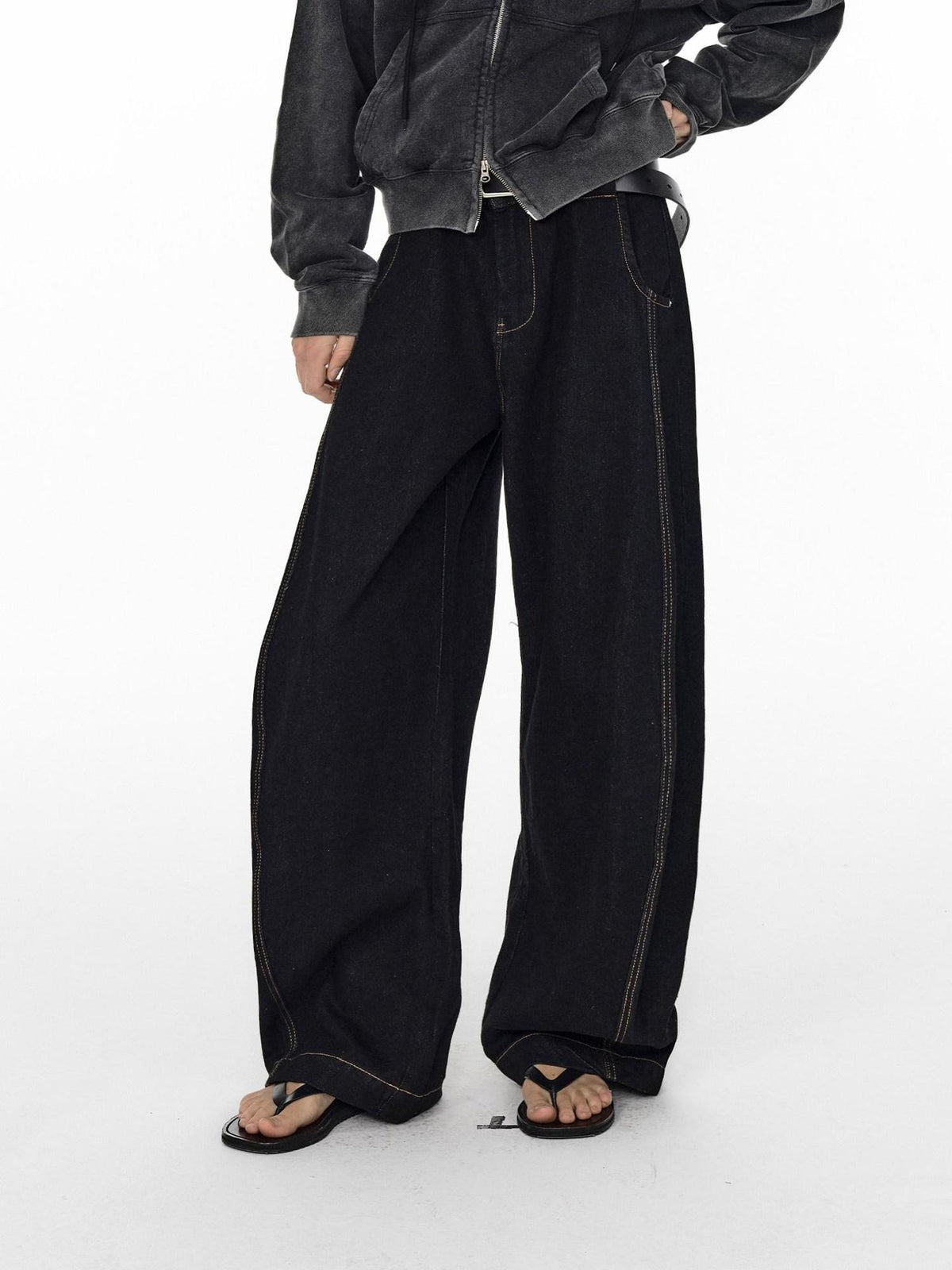 Country Moment Mid Rise Contrast Stitching Loose Fit Unisex Cotton Blend Black Wide Leg Jeans