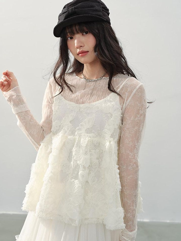 DDGIRL studio Soft Breathable Mesh Lace Slim Fit Floral Round Neck Ladies Long Sleeve T-Shirts