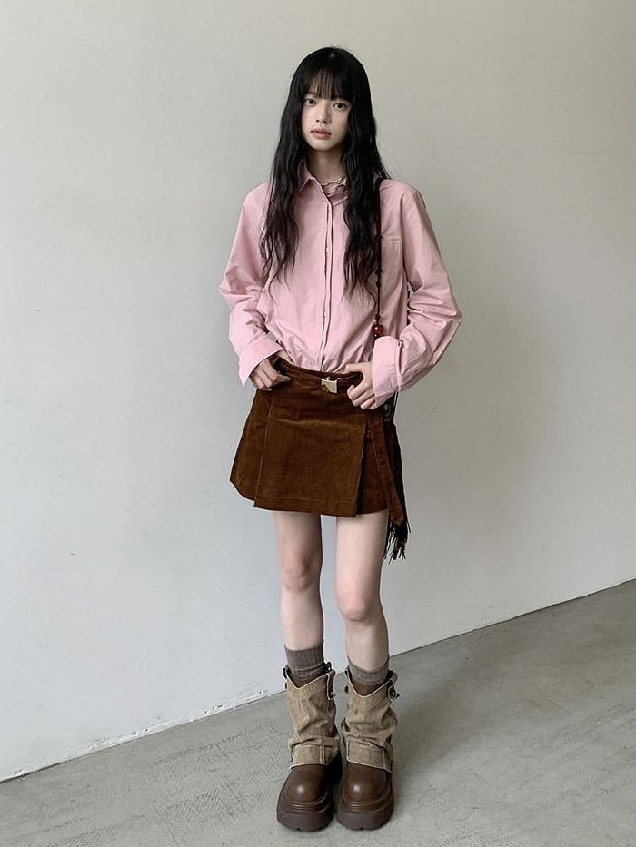 DDGIRL studio Breathable 100% Cotton Loose Fit Polo Collar Button Long Sleeve Pink Shirts