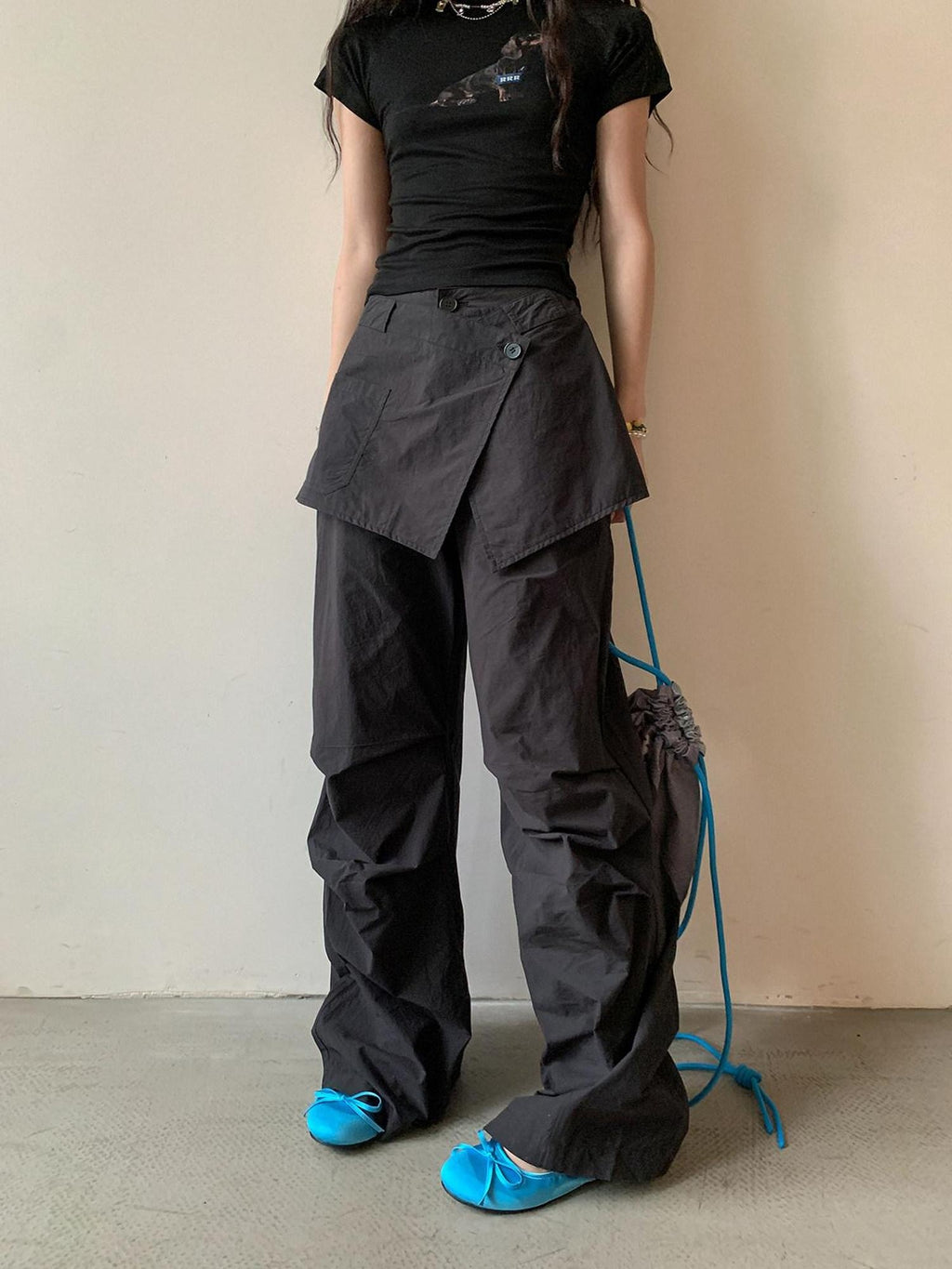 DDGIRL studio High Waist Cotton Cargo Pockets Loose Commuter Women Black Straight Pants