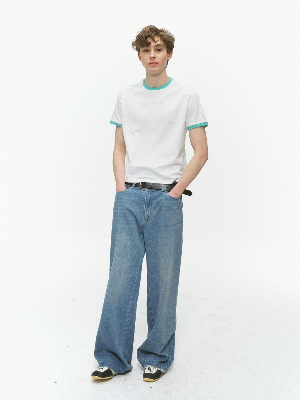 Country Moment Washed Printed Mid Rise Loose Five Pocket Casual Denim Blue Wide Leg Jeans