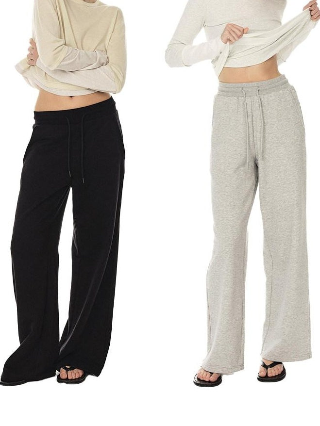 Country Moment Durable Cotton Mid Rise Straight Elastic Youth Casual Black Gray Wide Leg Pants