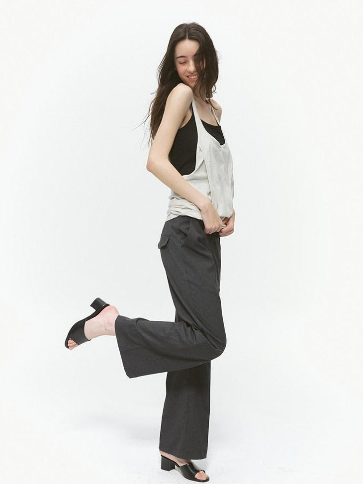 Country Moment Office Slim Mid Rise Tailored Dark Gray Striped Flared Pants
