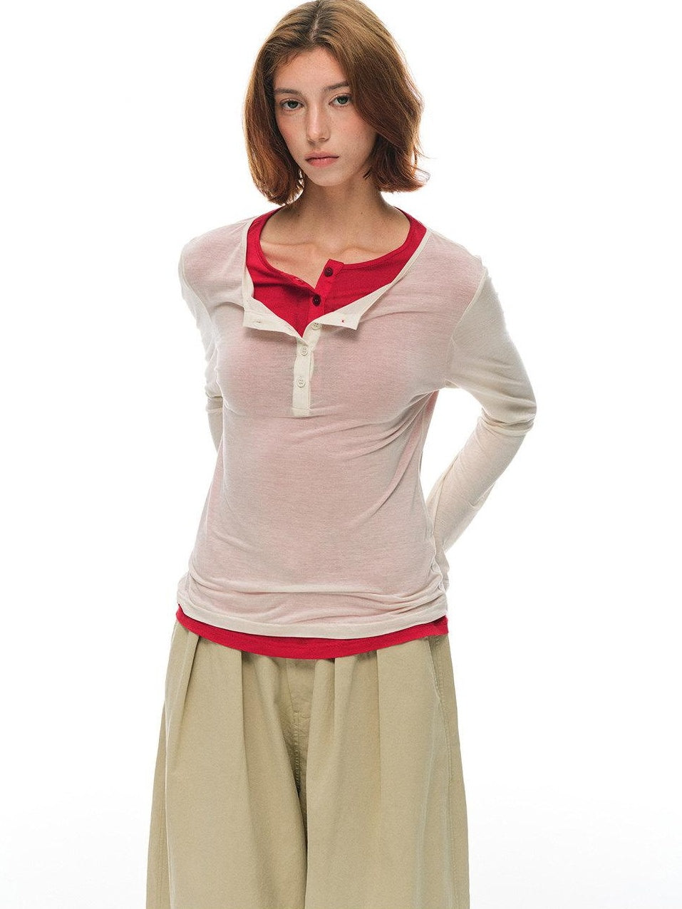 Country Moment Cooling Breathable Lyocell Slim Fit Contrast Henley Women Long Sleeve T-Shirts