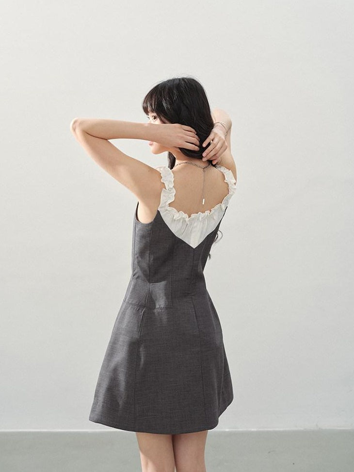 DDGIRL studio Shape Retaining Ruffle Neck High Waist Strappy A Line Office Gray Mini Dresses
