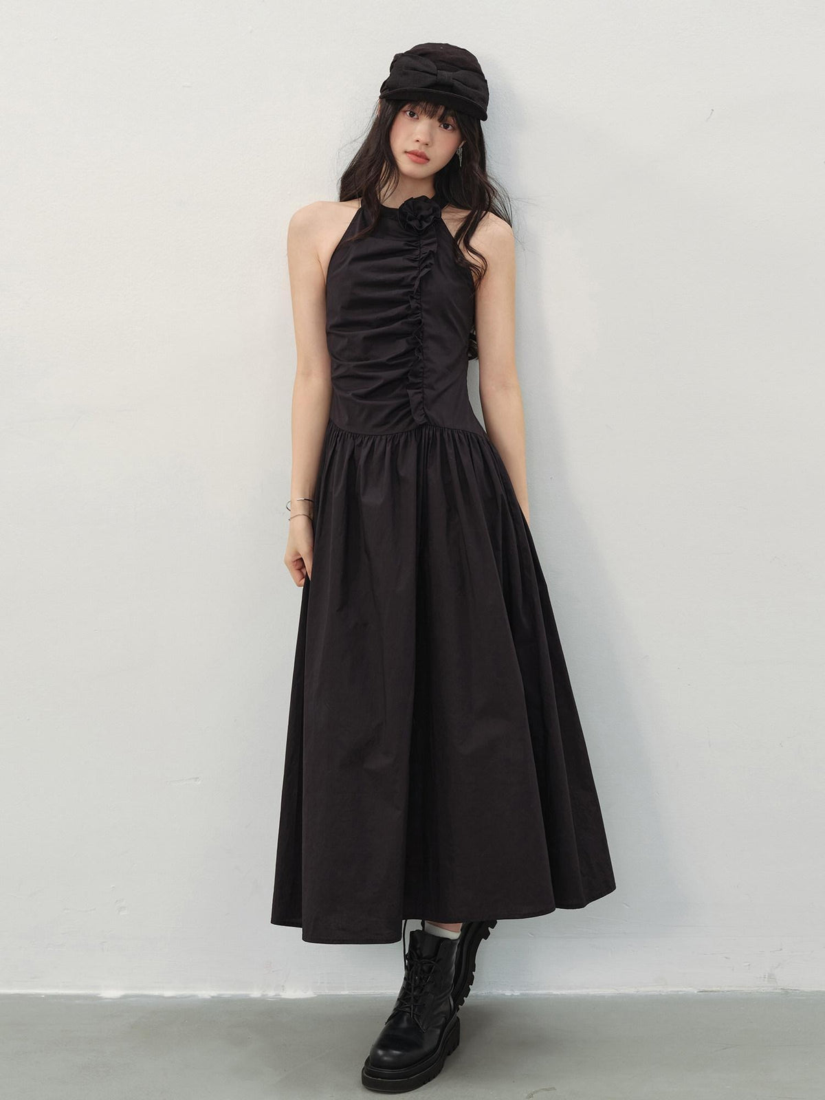 DDGIRL studio Elegant High Waist A Line Pleated Cotton Hidden Back Zipper Party Maxi Skirts