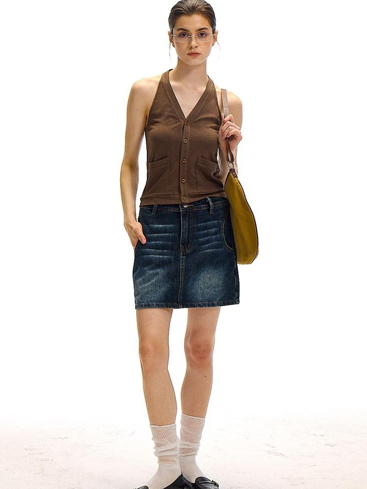 Country Moment Breathable Cotton Blend Vintage Office A Line Solid Blue Black Mini Skirts