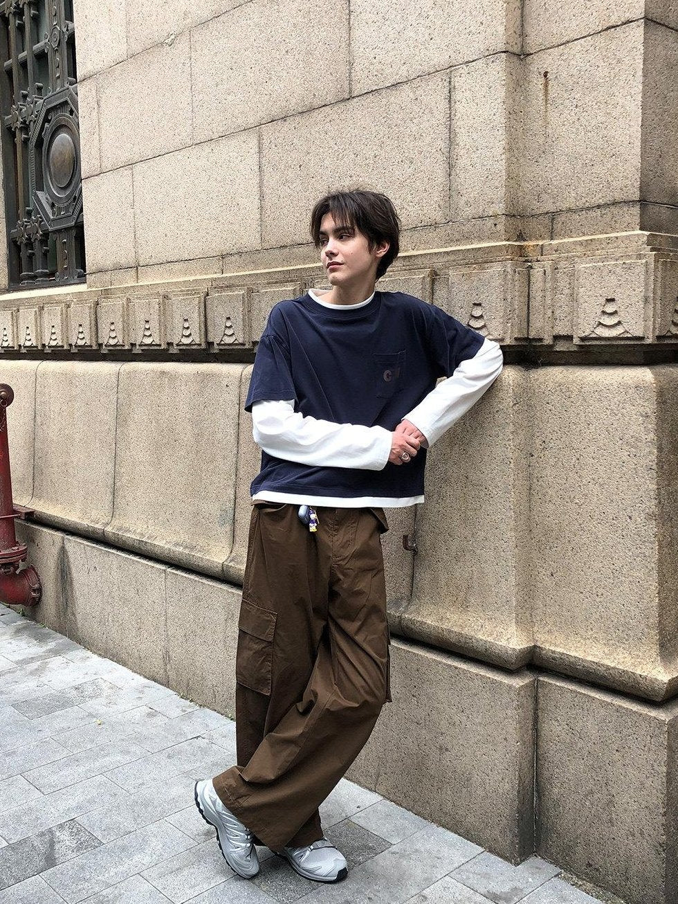 Country Moment Washed Pure Cotton Loose Colorblock Crewneck Teen Logo Navy Long Sleeve T-Shirts