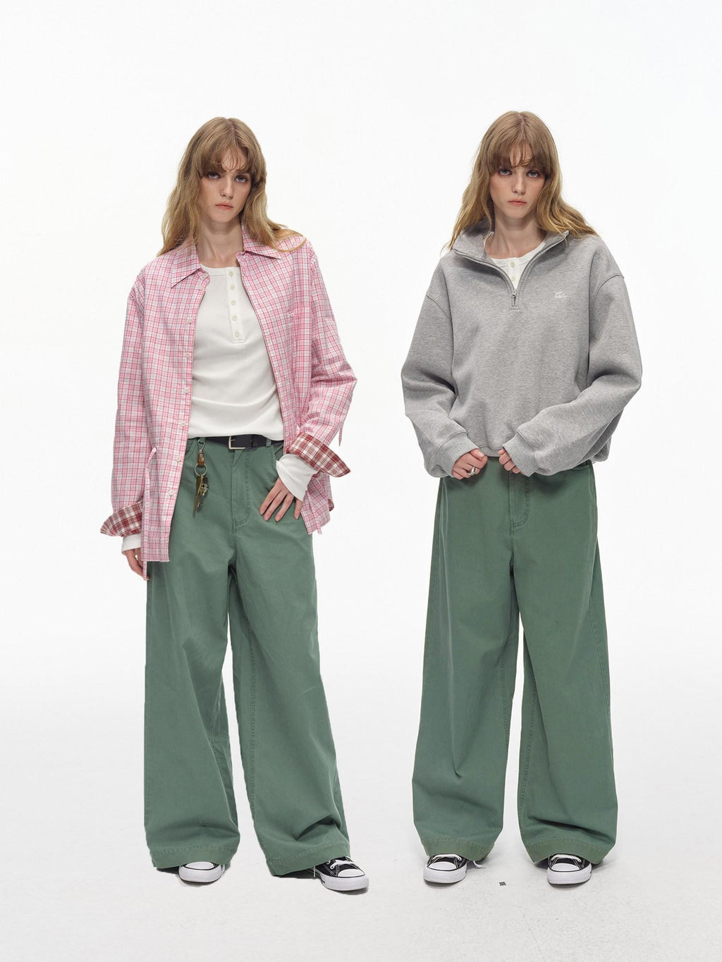 Country Moment Washed 100% Cotton Loose Straight Zipper Fly Youth Everyday Green Wide Leg Pants