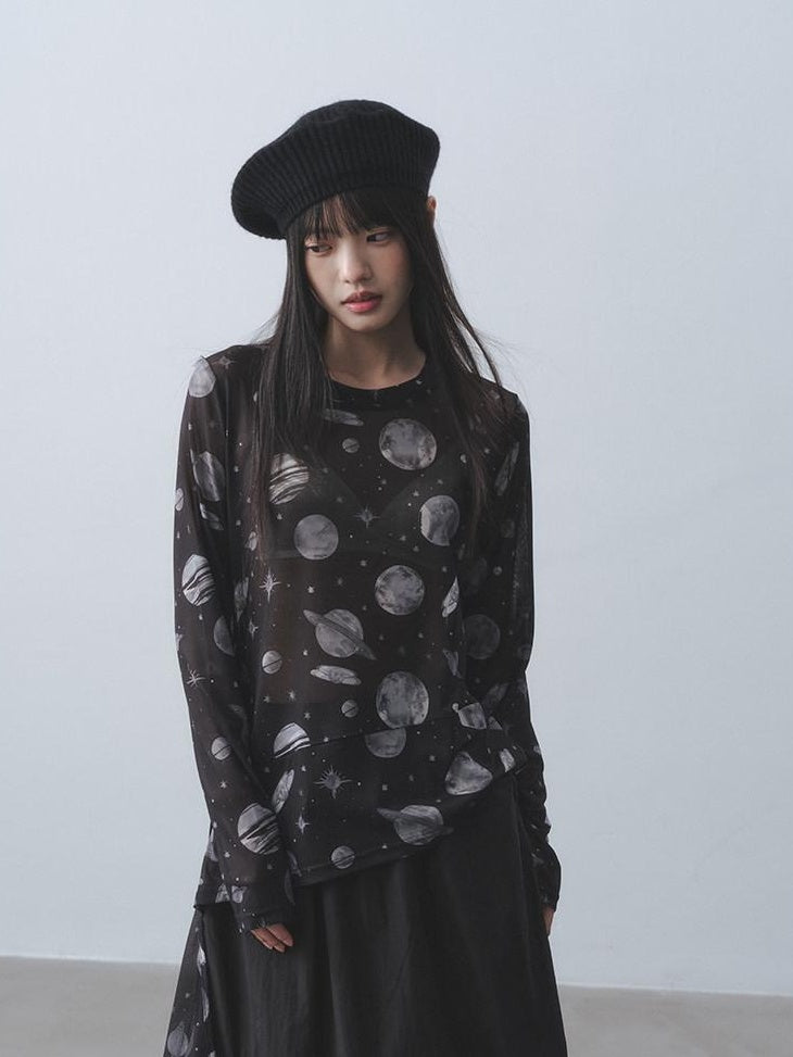 DDGIRL studio Breathable Ultra Thin Commuter Loose Mesh Galaxy Print Long Sleeve T-Shirts