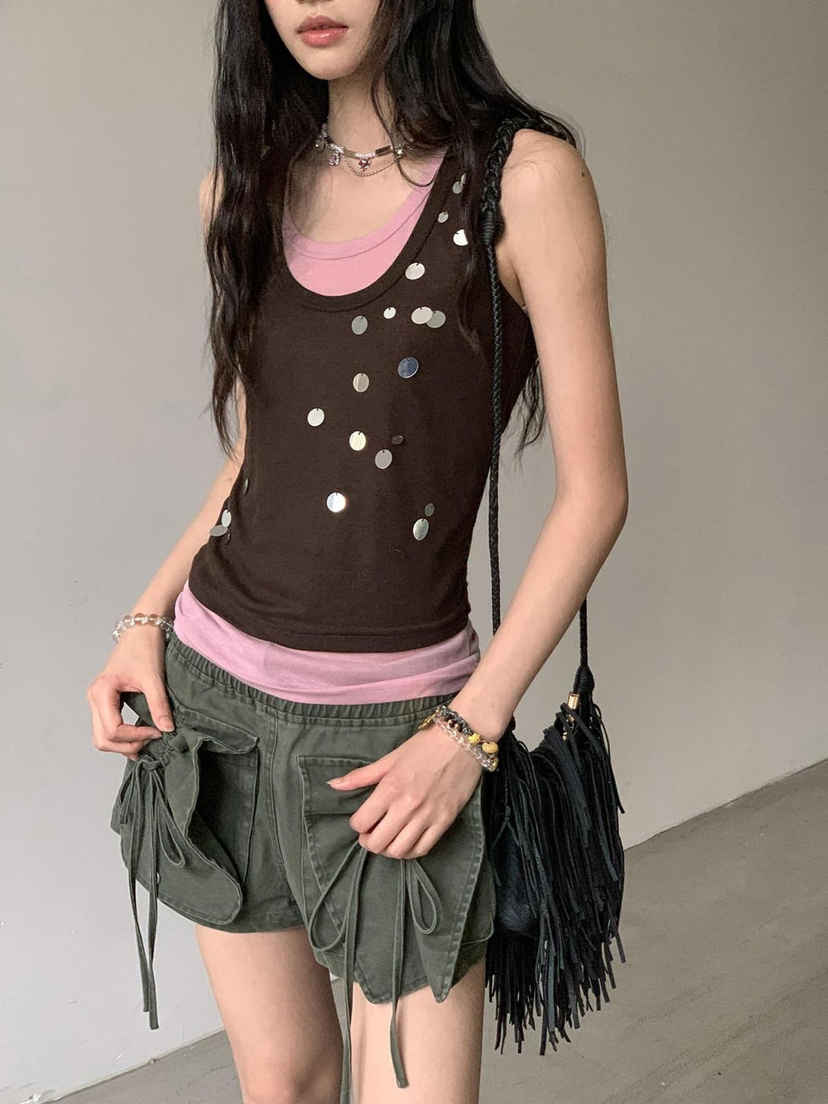 DDGIRL studio Stretch Cotton Knit Slim Camisole U Neck Sequin Women Office Top & Pants Sets