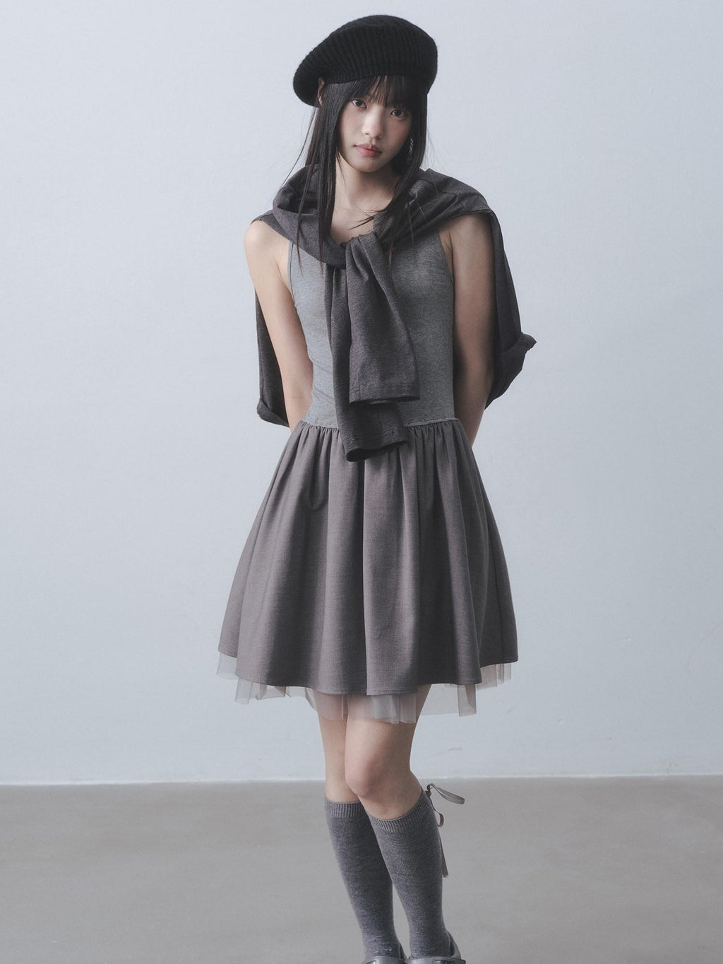 DDGIRL studio Moisture Wicking Long Sleeve Tee Commuter Solid Dark Gray Top & Skirt Sets