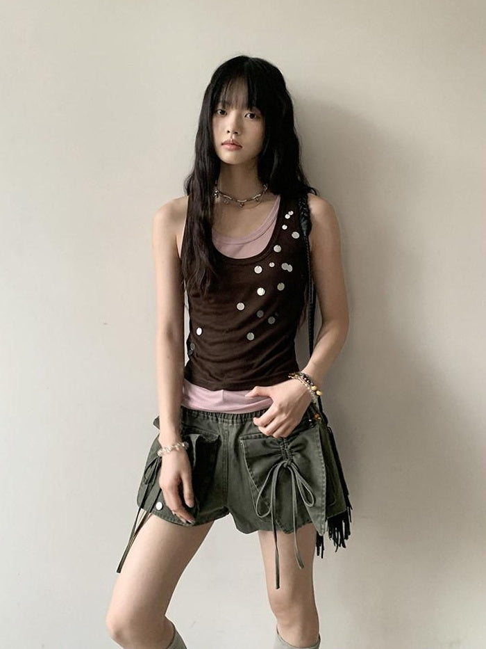 DDGIRL studio Stretch Cotton Knit Slim Camisole U Neck Sequin Women Office Top & Pants Sets