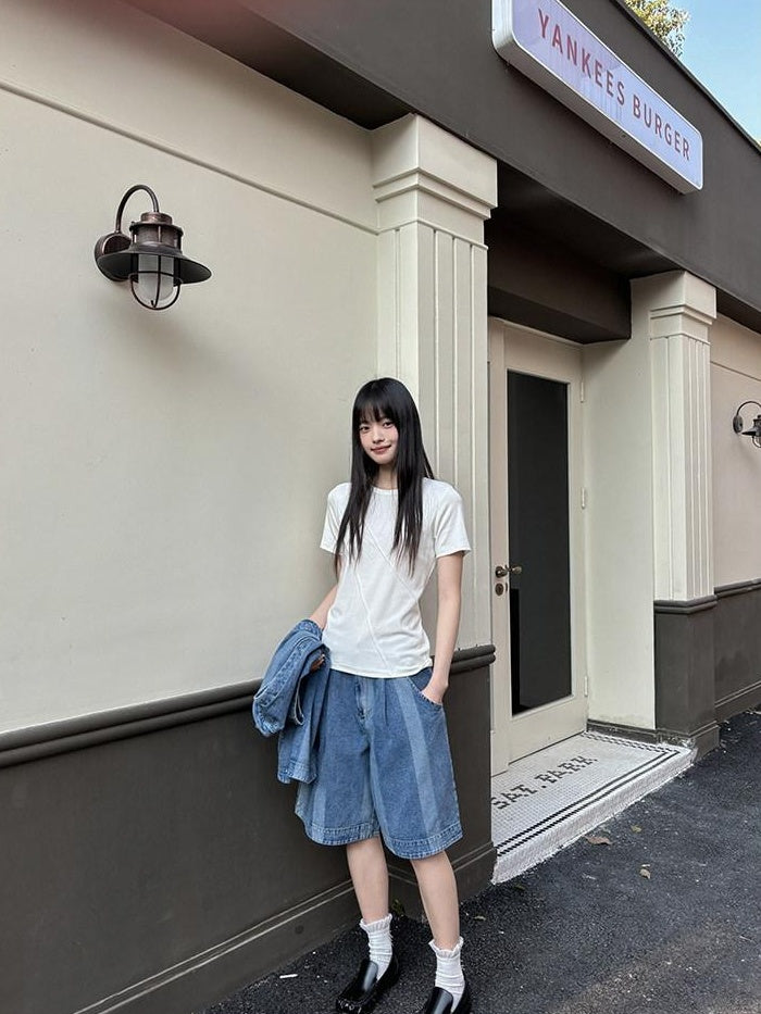 DDGIRL studio Stretch Cotton Blend Korean Straight Crew Neck White Short Sleeve T-Shirts