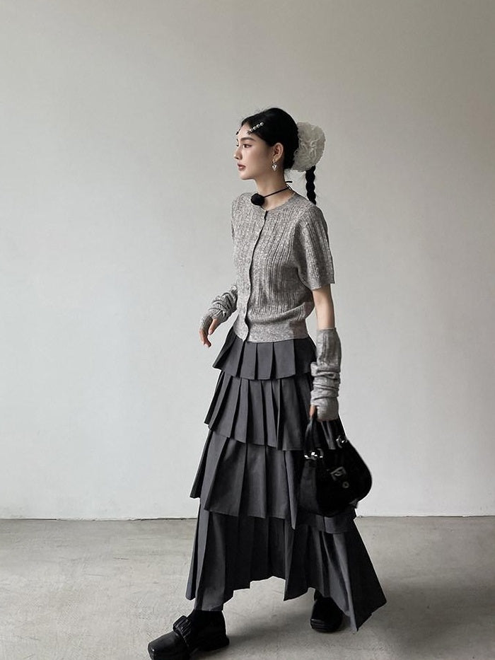 DDGIRL studio Slim Waist Commuter Cardigan Round Neck Gray Exclusive Wool Blend Sweaters