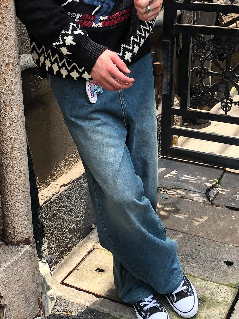 Country Moment Breathable Cotton Retro Washed Mid Rise Relaxed Mens Deep Blue Wide Leg Jeans
