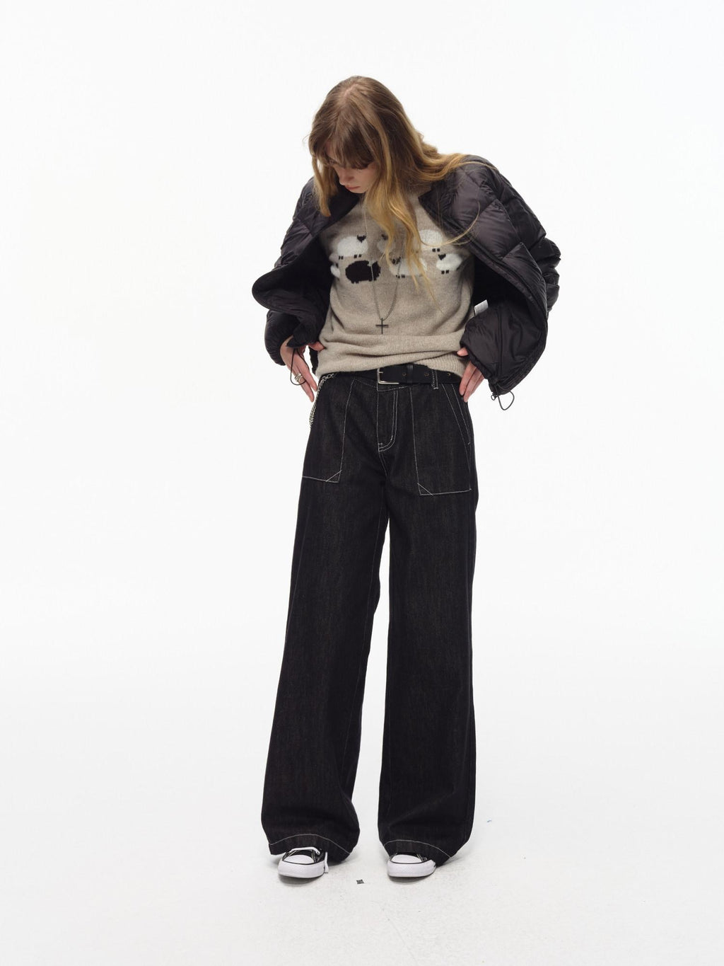 Country Moment Soft Breathable Cotton Loose American Natural Waist Black Straight Leg Jeans