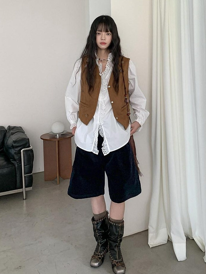 DDGIRL studio Cotton Ruffle Lace Loose V-neck Cardigan Office Casual Women Breathable Shirts