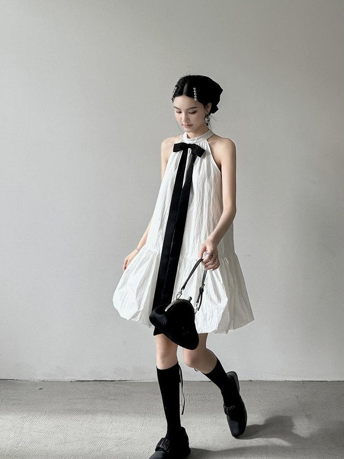 DDGIRL studio Soft Cotton Nylon Bow Sleeveless Aline Office Women Halter Back Zip Midi Dresses