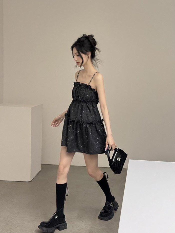 DDGIRL studio Shape Retain Strappy A Line Loose Waist Black Poly Wool Blend Mini Dresses