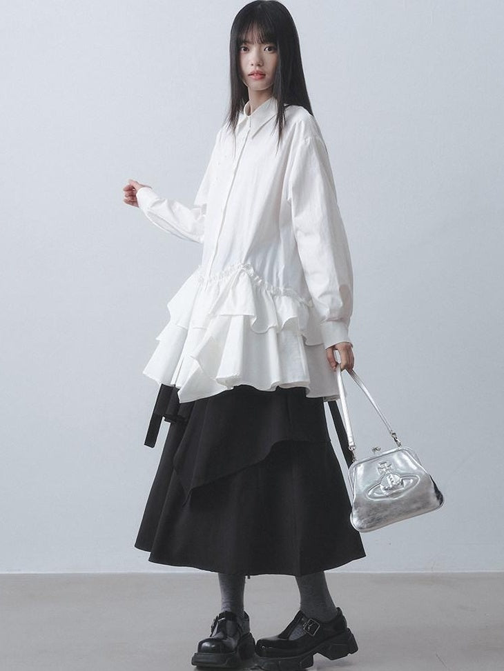 DDGIRL studio High Waist Ruffle Commuter Shirt Dress A Line Women White Button Mini Dresses