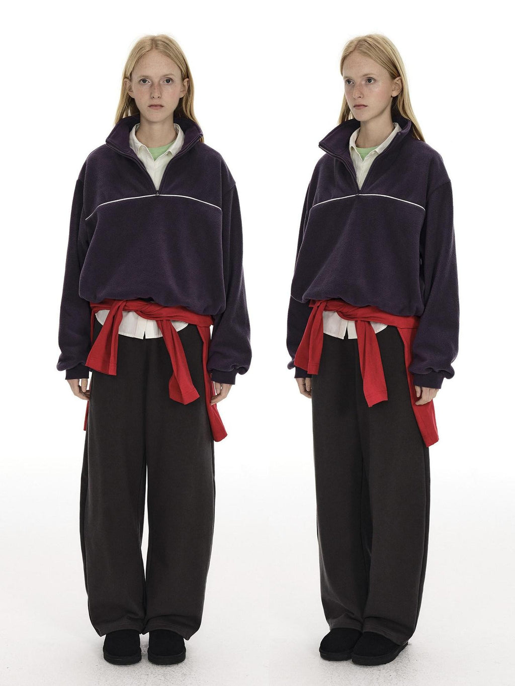 Country Moment Warm Fleece Short Zip Stand Collar Colorblock Loose Fit Unisex Purple Sweatshirt
