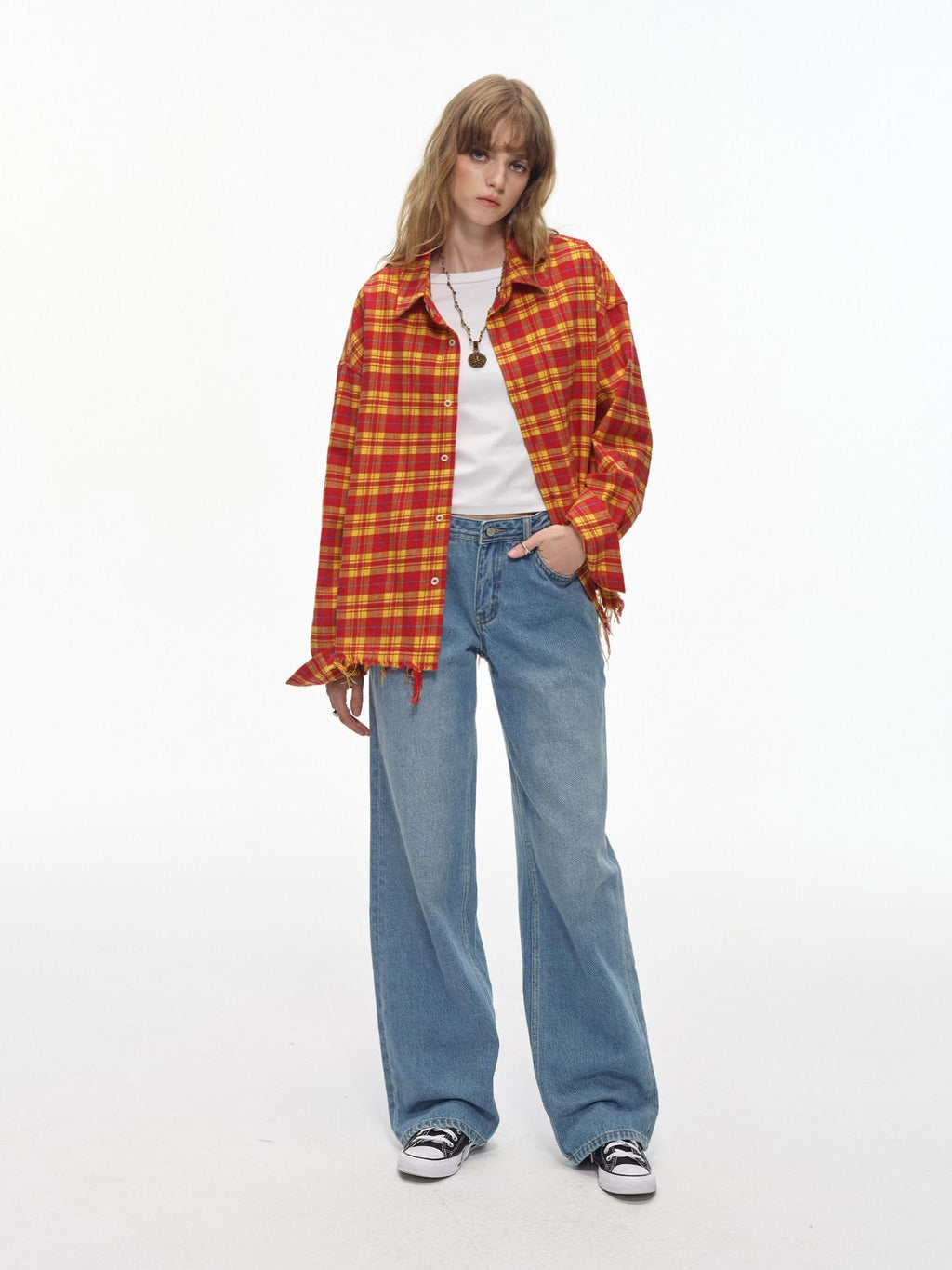 Country Moment Breathable Cotton Loose Plaid Fringe Unisex Longsleeve Button Collar Shirts