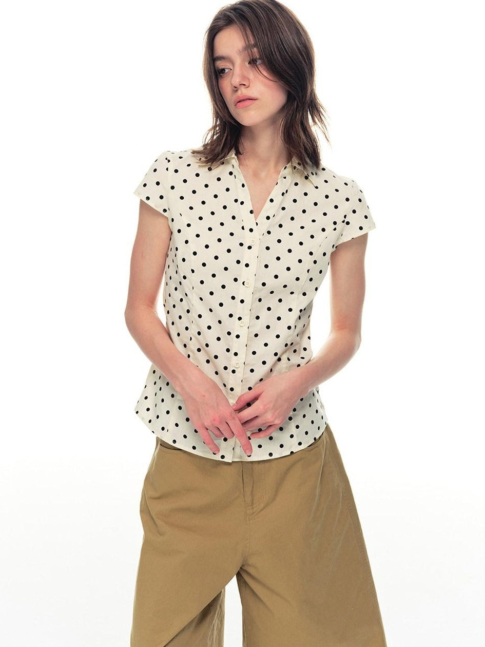 Country Moment Breathable Cotton Slim V-neck Polka Dot Button Cardigan Women Beige Shirts