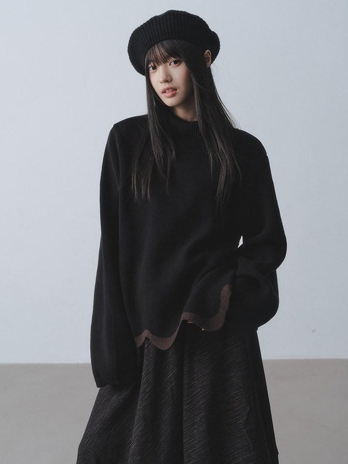 DDGIRL studio Warm Chunky Wave Pullover Oversized Commuter Mock Neck Women Black Sweaters