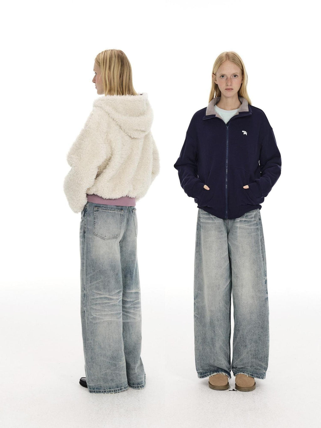 Country Moment Mid Rise Washed Whisker Brushed Cotton Casual Unisex Blue Wide Leg Jeans