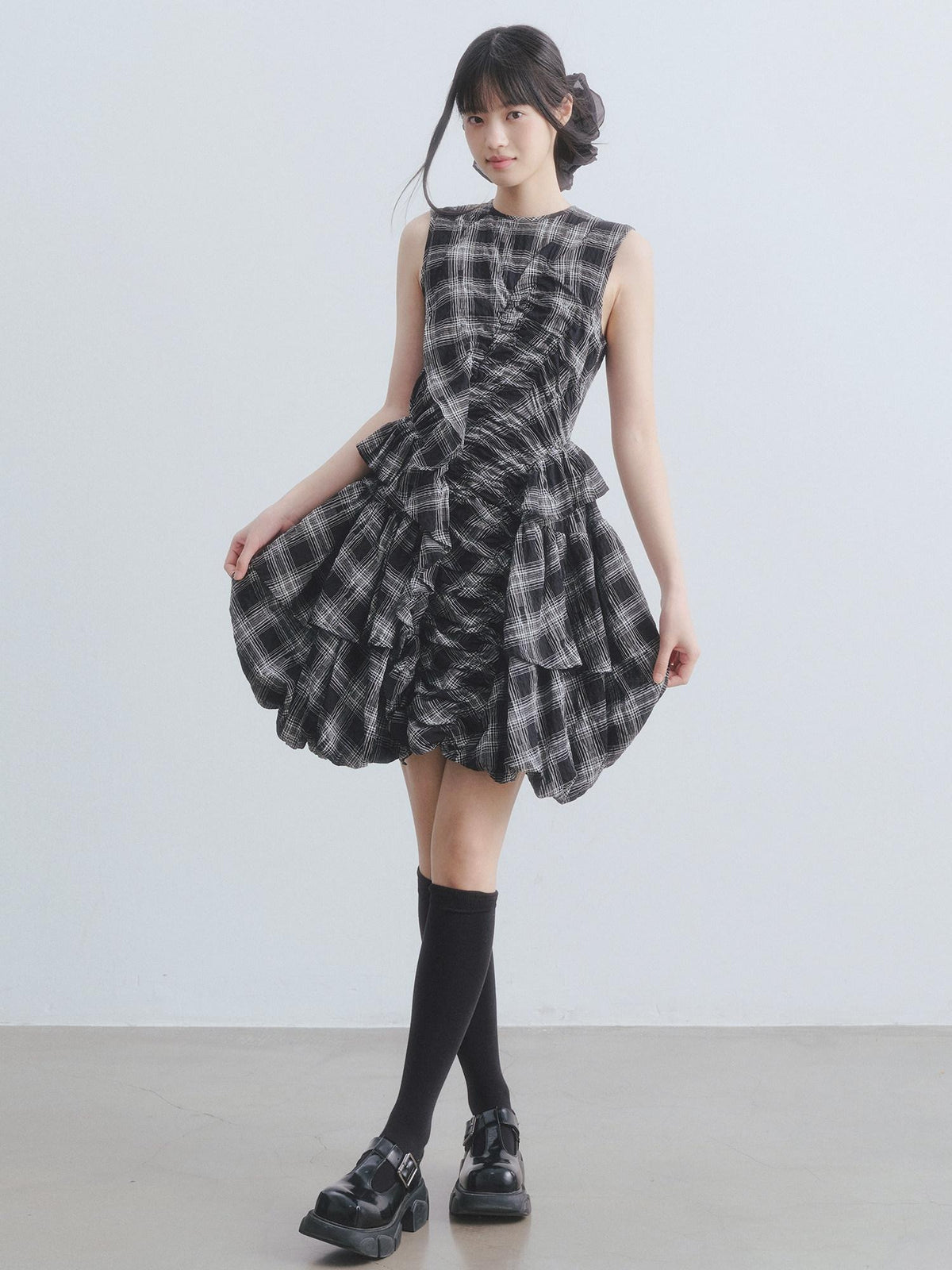 DDGIRL studio Soft Cotton Shirred A Line Sleeveless Checked Workwear Puff Skirt Mini Dresses