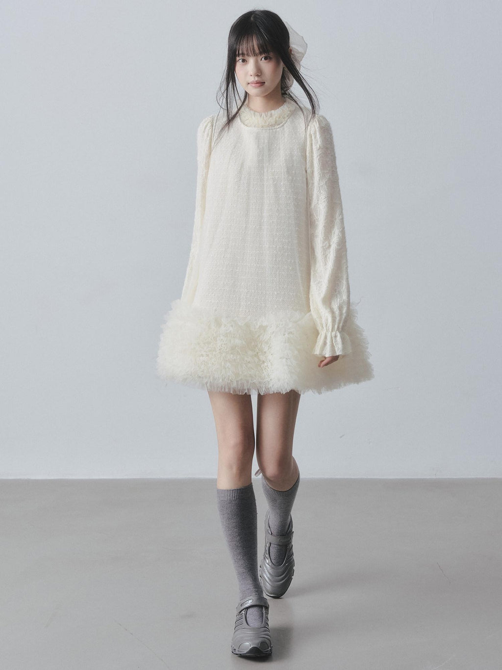 DDGIRL studio Ultra Soft Knit Petal Sleeve Pullover Office Casual Off White Mini Dresses