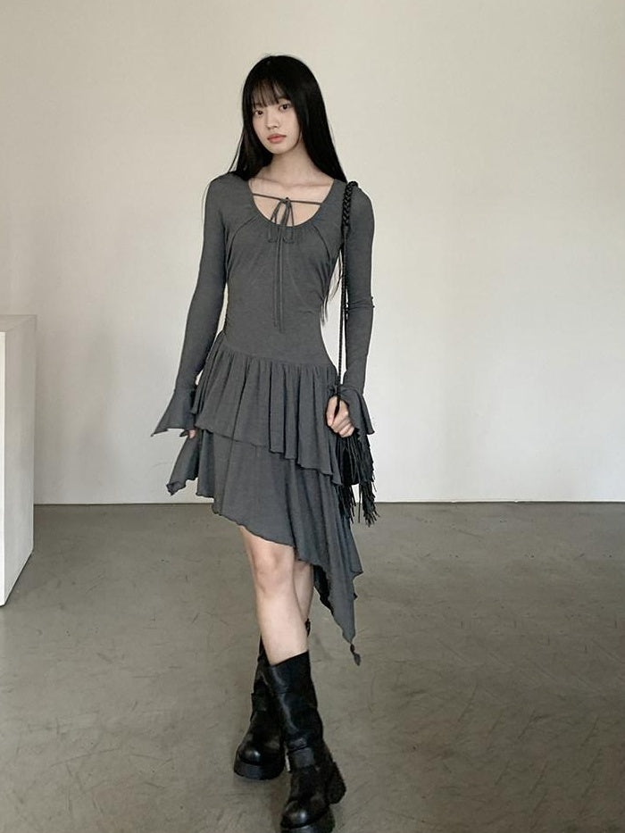 DDGIRL studio Soft Stretch Lyocell Asymmetric Cinched Waist U Neck Commuter Midi Dresses