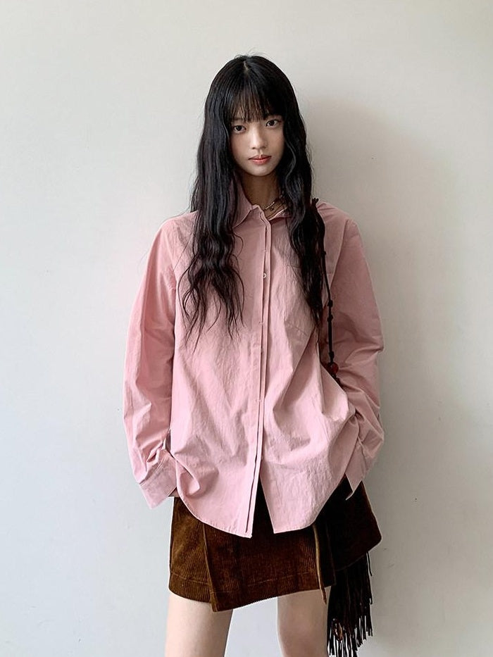 DDGIRL studio Breathable 100% Cotton Loose Fit Polo Collar Button Long Sleeve Pink Shirts