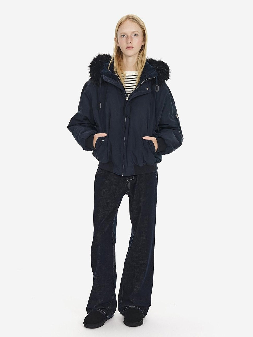 Country Moment Warm Hooded Retro Short Zip Ribbed Hem Unisex Navy Puffer Jackets