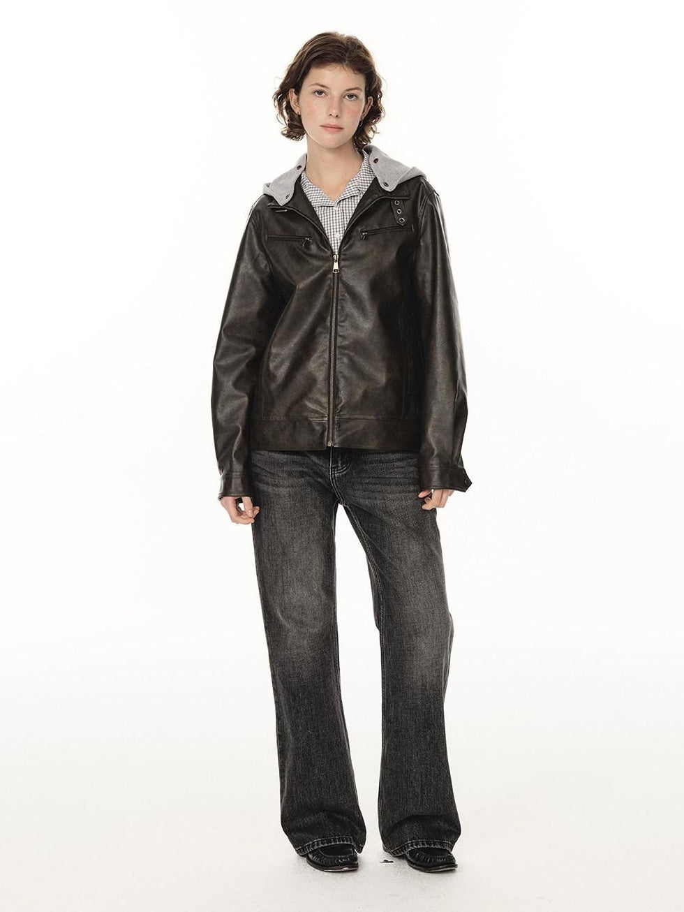 Country Moment Warm Pu Leather Detachable Hood Loose Fit Casual Unisex Leather Jackets