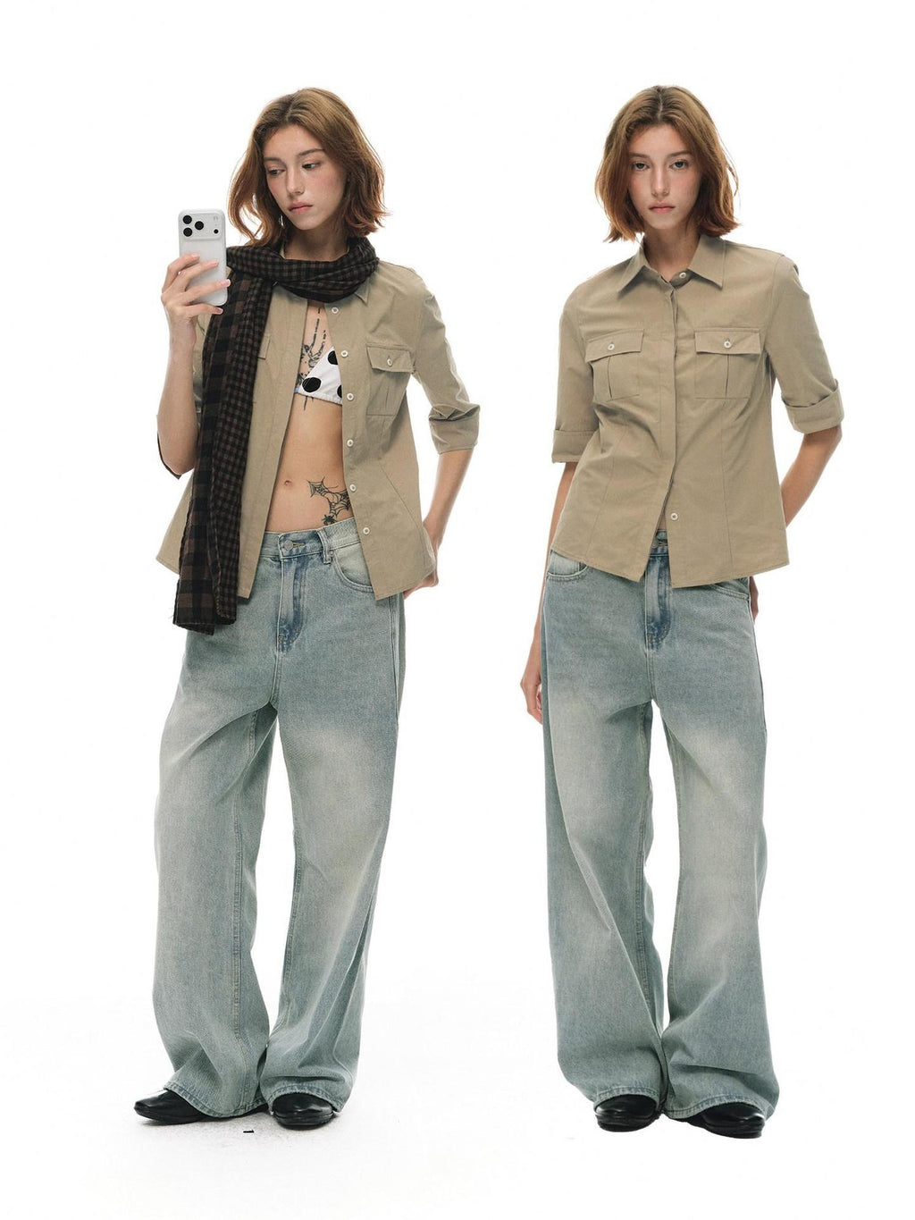 Country Moment Breathable Cotton Slim Fit Collared Half Sleeve Khaki Women Patch Pocket Shirts