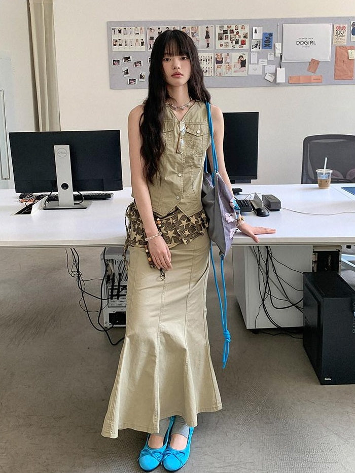 DDGIRL studio High Waist Cotton Fishtail Slim Casual Khaki Women Outdoor Maxi Skirts