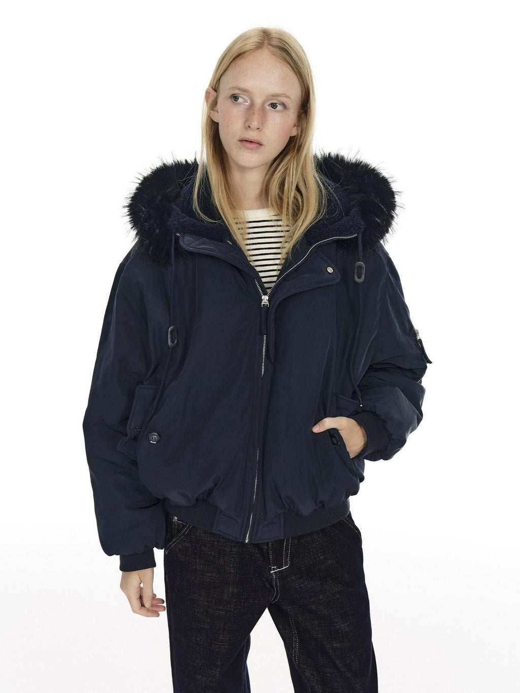 Country Moment Warm Hooded Retro Short Zip Ribbed Hem Unisex Navy Puffer Jackets