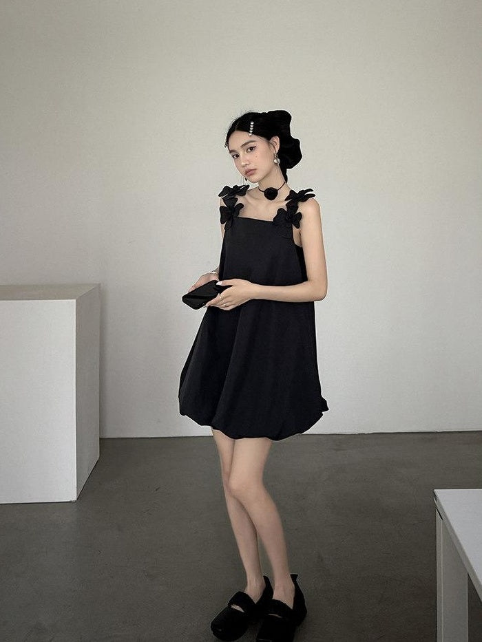 DDGIRL studio Washed Cotton Nylon Blend Strappy A Line Loose Waist Commuter Black Midi Dresses