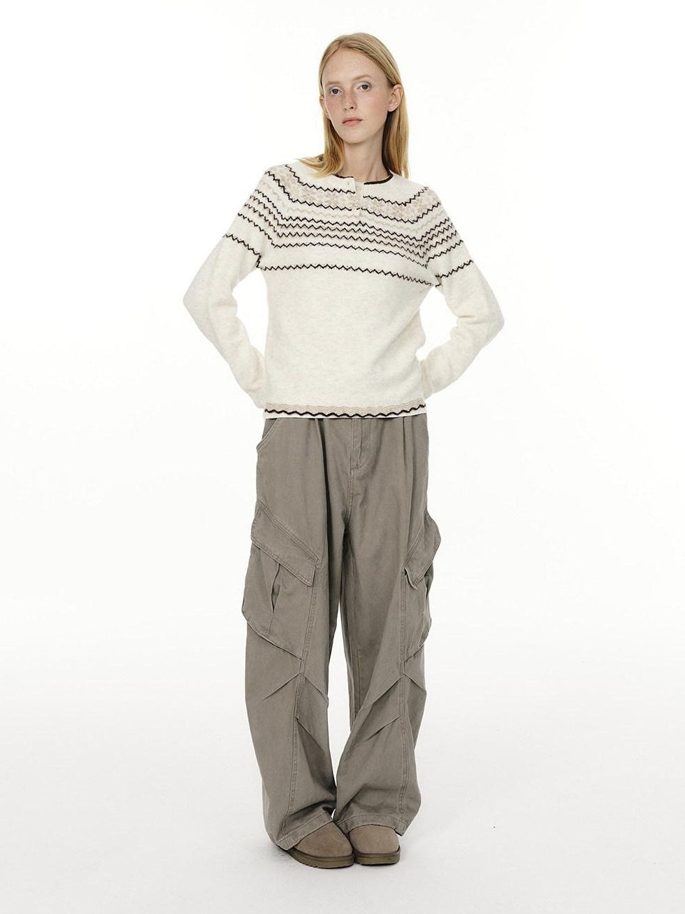 Country Moment Jacquard Henley Button Pullover Slim Fit Youth Wool Blend Striped Sweaters