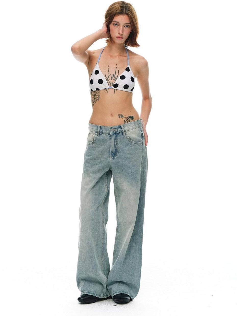 Country Moment Washed Distressed Embroidered Mid Rise Loose Retro Light Blue Wide Leg Jeans