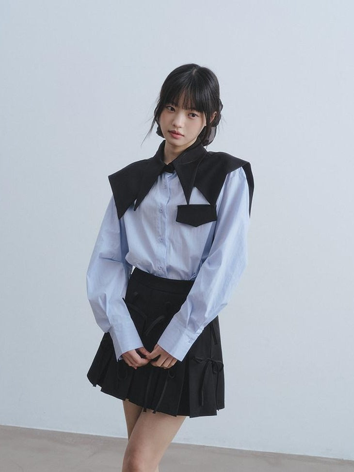 DDGIRL studio Breathable Cotton Loose Faux Layer Pleat Sleeve Striped Navy Collar Shirts