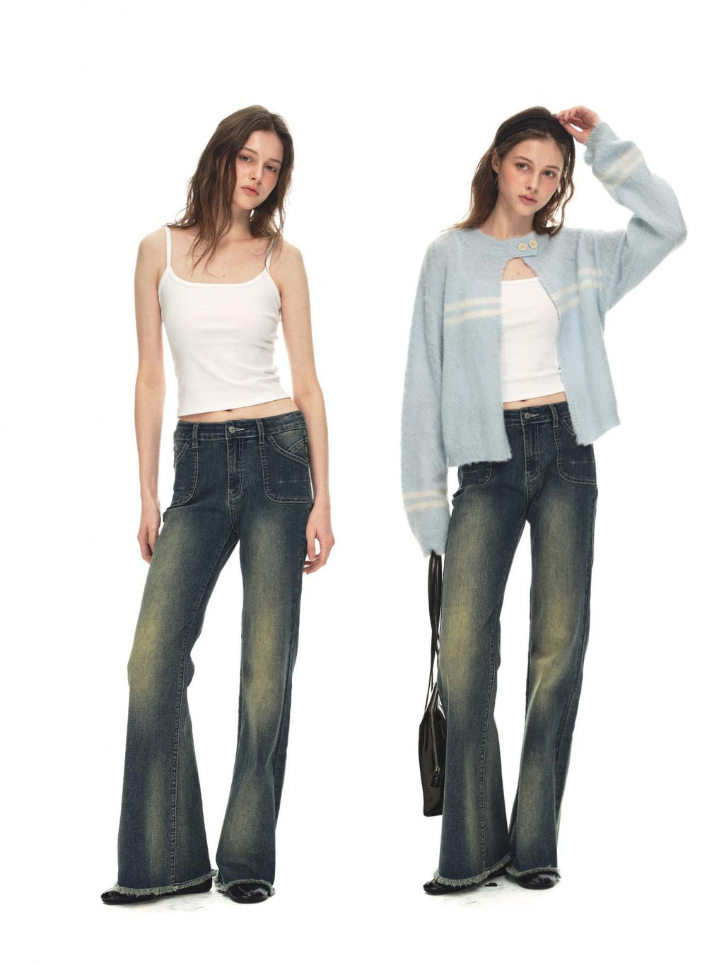 Country Moment Vintage Distressed Low Rise Retro Flare Women Daily Denim Blue Flared Jeans
