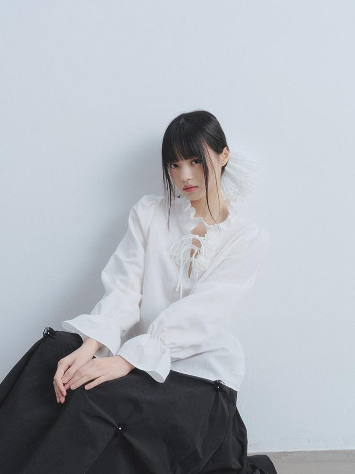 DDGIRL studio Breathable Non Deforming Ruffle Collar Bell Sleeve Straight Cut Commuter Shirts