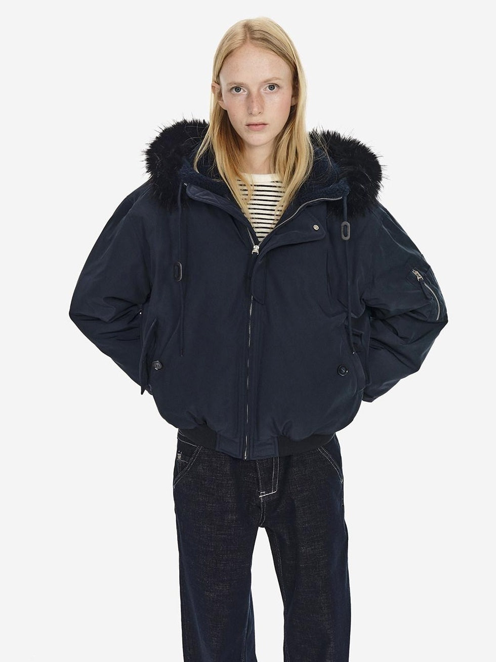 Country Moment Warm Hooded Retro Short Zip Ribbed Hem Unisex Navy Puffer Jackets