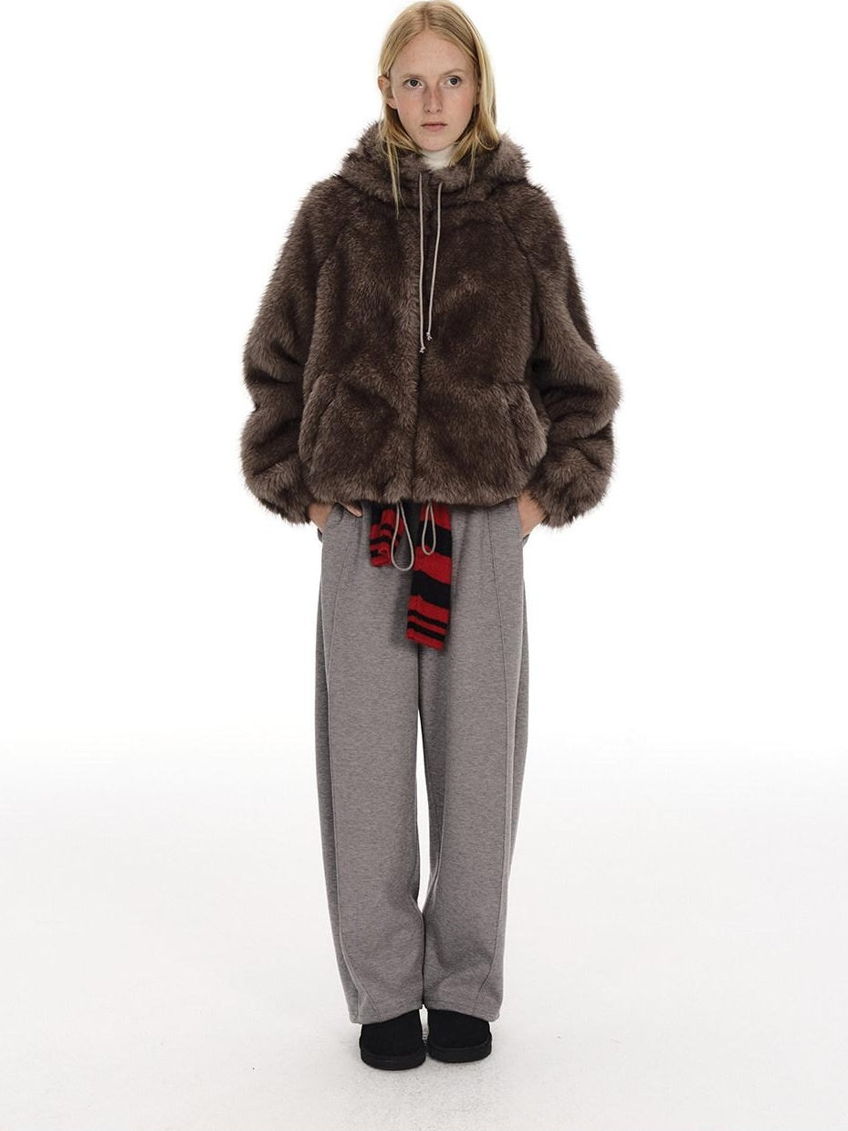 Country Moment Warm Wool Lined Pleated Drawstring Loose Fit Gray Straight Sweatpants